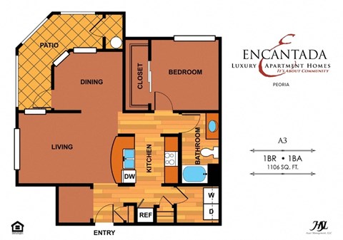 Floor plan for 1 bed, 1 bath, 955 sqft
